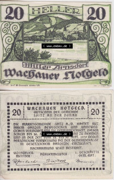 Notgeldscheine Niederösterreich Mitterarnsdorf Wachauer Notgeld 1920, 20 Heller Wachauer Notgeld. Vorderseite und Rückseite... Sammlung