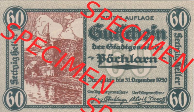 Notgeldscheine Niederösterreich Pöchlarn 1920, 60 Heller. Vorderseite des Notgeldscheins im online Katalog auf EMBMV zum katalogisieren der eigenen Sammlung für private Sammler... Sammlung