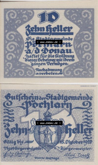Notgeldscheine Niederösterreich Pöchlarn 1920, 10 Heller I. Vorderseite und Rückseite des Notgeldscheins auf einen Digitalen... Sammlung