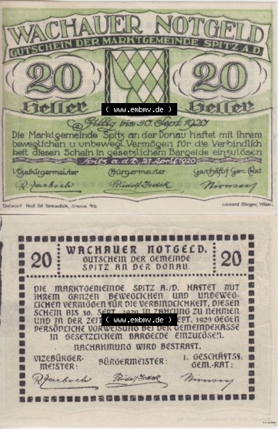 Notgeldscheine Niederösterreich Spitz Wachauer Notgeld 1920, 20 Heller. Vorderseite und Rückseite des Notgeldscheins auf einen... Sammlung
