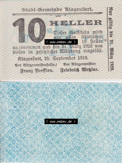 Notgeldscheine Kärnten Klagenfurt 10 Heller. Vorderseite und Rückseite des Notgeldscheins auf einen Digitalen Bild zu katalogisieren... Sammlung