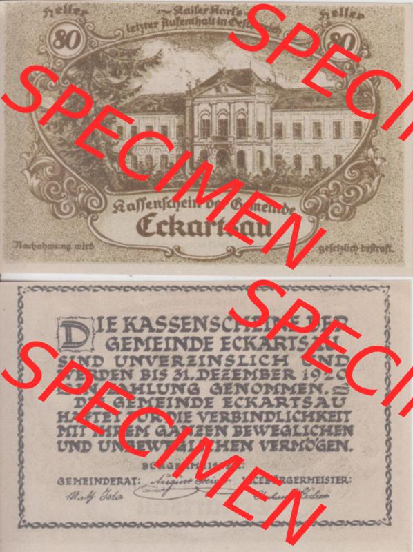 Notgeldscheine Niederösterreich Eckartsau 1920, 80 Heller. Vorderseite und Rückseite des Notgeldscheins auf einen Digitalen Bild zu katalogisieren der eigenen Notgeld-Sammlung im... Sammlung