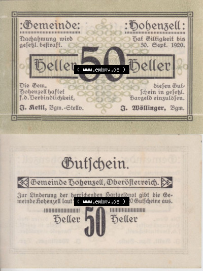 Notgeldscheine Oberösterreich Hohenzell 1920, 50 Heller. Vorderseite und Rückseite auf einen Digitalen Bild des oberösterreichischen... Sammlung