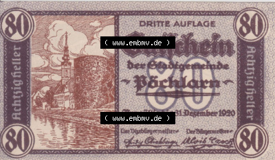 Notgeldscheine Niederösterreich Pöchlarn 1920, 80 Heller. Vorderseite des Notgeldscheins im online Katalog auf EMBMV zum katalogisieren... Sammlung
