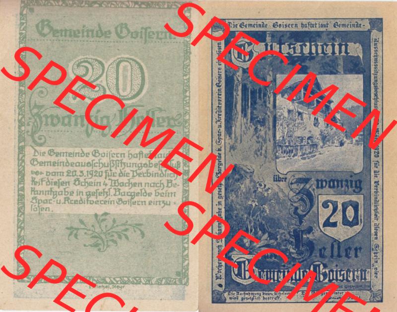 Notgeldscheine Oberösterreich Gemeinde Goisern 20 Heller. Vorderseite und Rückseite auf einen Digitalen Bild des oberösterreichischen Notgeldscheins im online Katalog für private... Sammlung