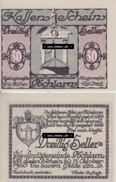 Notgeldscheine Niederösterreich Pöchlarn 1920, 30 Heller II. Vorderseite und Rückseite des Notgeldscheins auf einen Digitalen... Sammlung