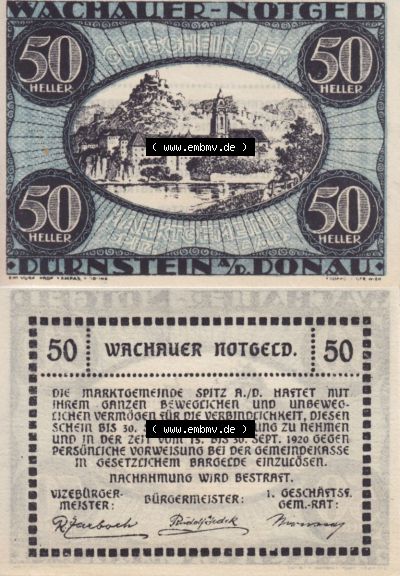 Notgeldscheine Niederösterreich Dürnstein Wachauer Notgeld 1920, 50 Heller. Vorderseite und Rückseite des Notgeldscheins auf... Sammlung