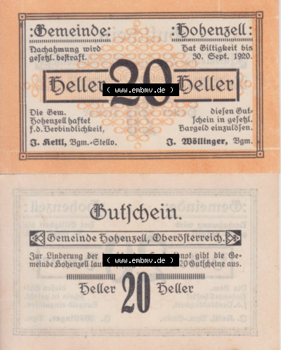 Notgeldscheine Oberösterreich Hohenzell 1920, 20 Heller. Vorderseite und Rückseite auf einen Digitalen Bild des oberösterreichischen... Sammlung