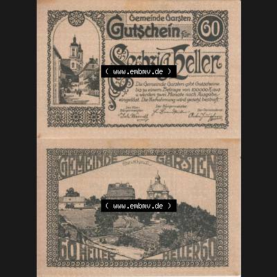 Notgeldscheine Oberösterreich Gemeinde Garsten 60 Heller. Vorderseite und Rückseite auf einen Digitalen Bild des oberösterreichischen Notgeldscheins im online Katalog für private... Sammlung