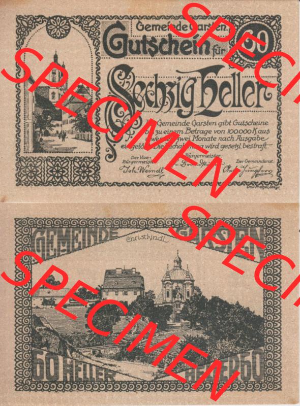 Notgeldscheine Oberösterreich Gemeinde Garsten 60 Heller. Vorderseite und Rückseite auf einen Digitalen Bild des oberösterreichischen Notgeldscheins im online Katalog für private... Sammlung