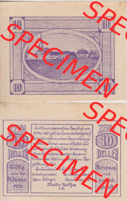 Notgeldscheine Oberösterreich Herzogsdorf, Gemeinde 1920 10 Heller. Vorderseite und Rückseite auf einen Digitalen Bild des oberösterreichischen Notgeldscheins im online Katalog... Sammlung