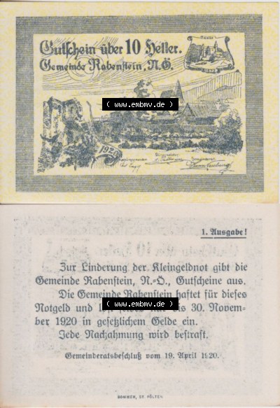 Notgeldscheine Niederösterreich Gemeinde Rabenstein 1920, 10 Heller. Vorderseite und Rückseite des Notgeldscheins auf einen... Sammlung