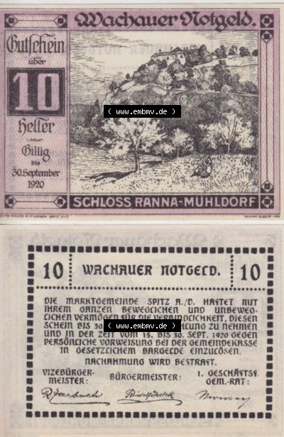 Notgeldscheine Niederösterreich Schloss Ranna-Mühldorf 1920, 10 Heller. Vorderseite und Rückseite des Notgeldscheins auf einen... Sammlung