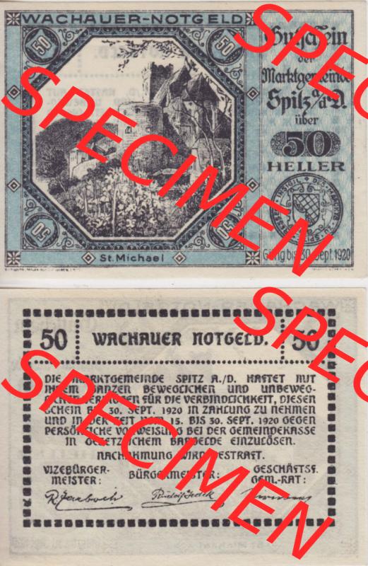 Notgeldscheine Niederösterreich Sankt Michael am Bruckbach 1920, 50 Heller. Vorderseite und Rückseite des Notgeldscheins auf einen Digitalen Bild zu katalogisieren der eigenen Notgeld-Sammlung... Sammlung