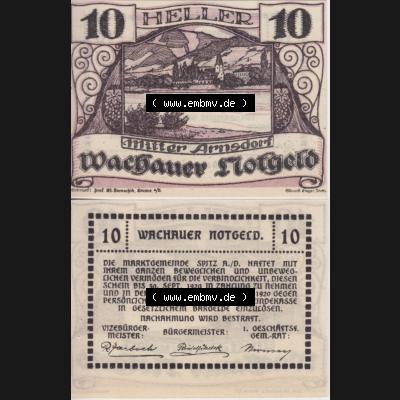 Notgeldscheine Niederösterreich Mitterarnsdorf Wachauer Notgeld 1920, 10 Heller Wachauer Notgeld. Vorderseite und Rückseite des Notgeldscheins auf einen Digitalen Bild zu katalogisieren... Sammlung