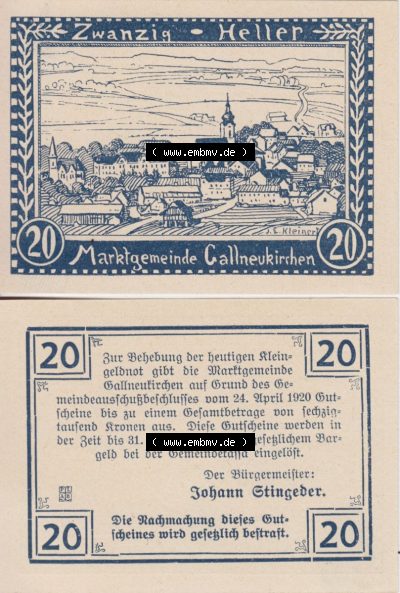 Notgeldscheine Oberösterreich Gallneukirchen 1920, 20 Heller. Vorderseite und Rückseite auf einen Digitalen Bild des oberösterreichischen... Sammlung
