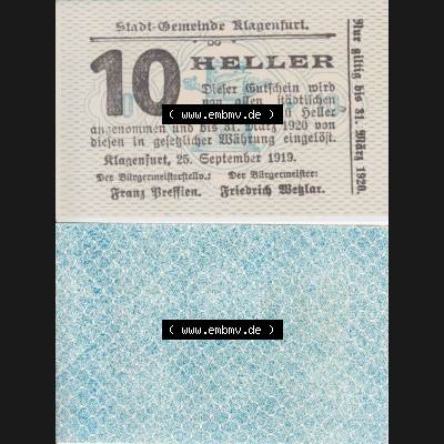 Notgeldscheine Kärnten Klagenfurt 10 Heller. Vorderseite und Rückseite des Notgeldscheins auf einen Digitalen Bild zu katalogisieren der eigenen Notgeld-Sammlung im online Katalog für... Sammlung