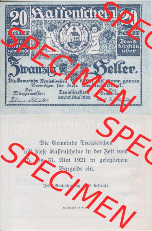 Notgeldscheine Niederösterreich Gemeinde Traiskirchen 1920, 20 Heller. Vorderseite und Rückseite des Notgeldscheins auf einen Digitalen Bild zu katalogisieren der eigenen Notgeld-Sammlung... Sammlung