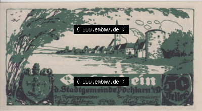 Notgeldscheine Niederösterreich Pöchlarn 1920, 50 Heller I. Vorderseite des Notgeldscheins im online Katalog auf EMBMV zum katalogisieren... Sammlung