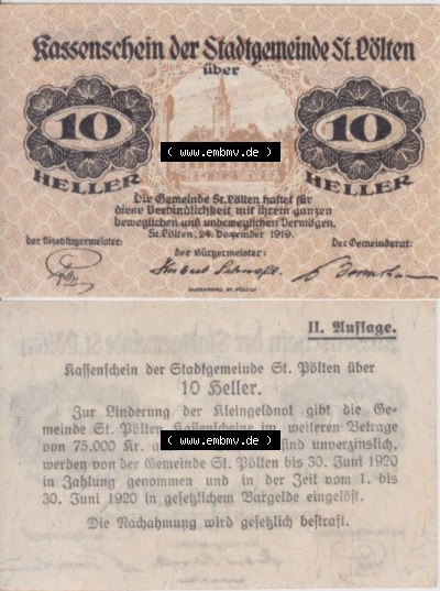 Notgeldscheine Niederösterreich Sankt Pölten 10 Heller. Vorderseite und Rückseite des Notgeldscheins auf einen Digitalen Bild... Sammlung