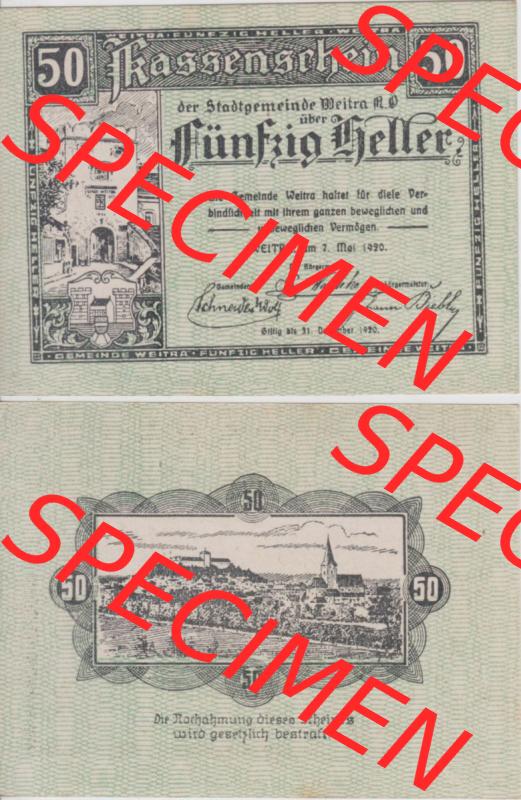 Notgeldscheine Niederösterreich Stadt-Gemeinde Weitra 1920, 50 Heller. Vorderseite und Rückseite des Notgeldscheins auf einen Digitalen Bild zu katalogisieren der eigenen Notgeld-Sammlung... Sammlung