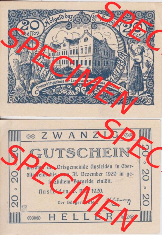 Notgeldscheine Oberösterreich Ansfelden Ortsgemeinde 1920, 20 Heller. Vorderseite und Rückseite auf einen Digitalen Bild des oberösterreichischen Notgeldscheins im online Katalog... Sammlung