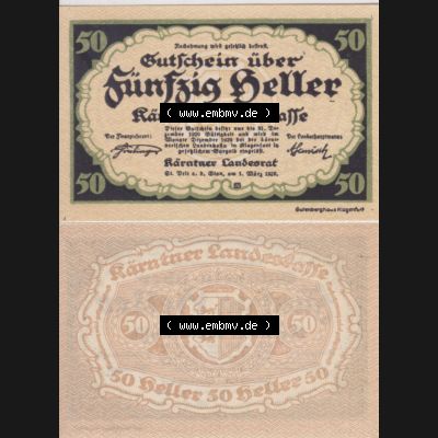Notgeldscheine Kärnten Kärntner Landeskasse 1920, 50 Heller. Vorderseite und Rückseite des Notgeldscheins auf einen Digitalen Bild zu katalogisieren der eigenen Notgeld-Sammlung... Sammlung