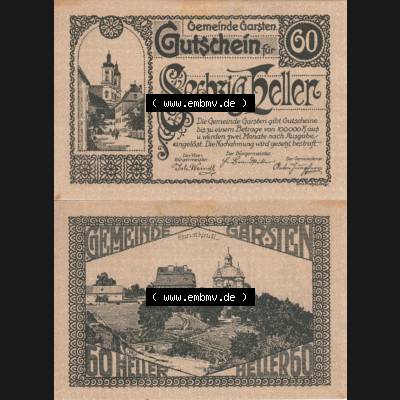 Notgeldscheine Oberösterreich Gemeinde Garsten 192x, 60 Heller. Vorderseite und Rückseite auf einen Digitalen Bild des oberösterreichischen Notgeldscheins im online Katalog... Sammlung