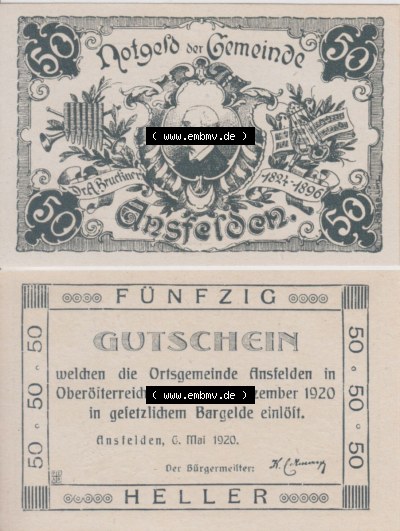 Notgeldscheine Oberösterreich Ansfelden Ortsgemeinde 1920, 50 Heller. Vorderseite und Rückseite auf einen Digitalen Bild des... Sammlung