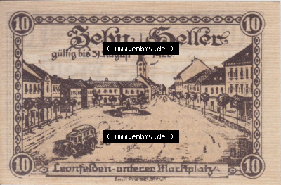 Notgeldscheine Oberösterreich Leonfelden, Markt-Gemeinde 1920, 10 Heller. Vorderseite des oberösterreichischen Notgeldscheins... Sammlung