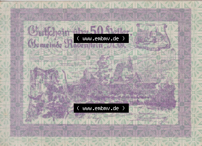 Notgeldscheine Niederösterreich Gemeinde Rabenstein 1920, 50 Heller. Vorderseite des Notgeldscheins im online Katalog auf EMBMV... Sammlung