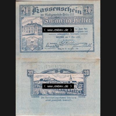 Notgeldscheine Niederösterreich Stadt-Gemeinde Weitra 1920, 20 Heller. Vorderseite und Rückseite des Notgeldscheins auf einen Digitalen Bild zu katalogisieren der eigenen Notgeld-Sammlung... Sammlung