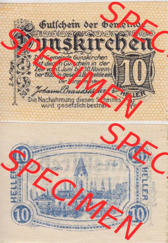 Notgeldscheine Oberösterreich Gunskirchen, Gemeinde 1920, 10 Heller. Vorderseite und Rückseite auf einen Digitalen Bild des oberösterreichischen Notgeldscheins im online... Sammlung