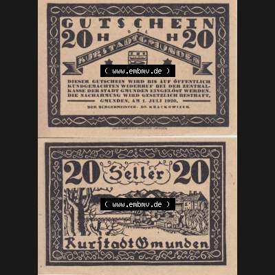 Notgeldscheine Oberösterreich Kurstadt Gmunden 1920, 20 Heller. Vorderseite und Rückseite auf einen Digitalen Bild des oberösterreichischen Notgeldscheins im online Katalog... Sammlung