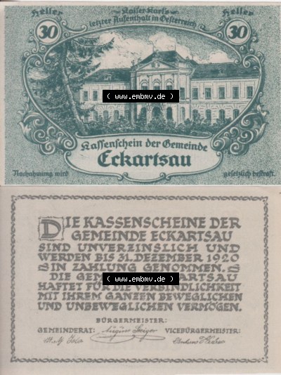 Notgeldscheine Niederösterreich Eckartsau 1920, 30 Heller. Vorderseite und Rückseite des Notgeldscheins auf einen Digitalen... Sammlung