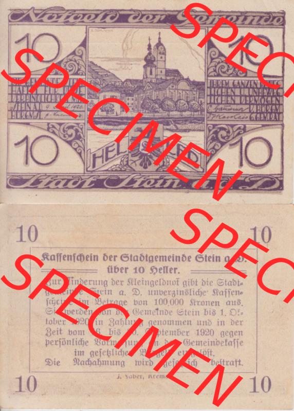 Notgeldscheine Niederösterreich Gemeinde Stadt Stein an der Donau 10 Heller. Vorderseite und Rückseite des Notgeldscheins auf einen Digitalen Bild zu katalogisieren der eigenen Notgeld-Sammlung... Sammlung