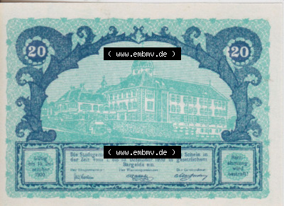 Notgeldscheine Niederösterreich Oberhollabrunn Kassenschein 20 Heller. Vorderseite des Notgeldscheins im online Katalog auf EMBMV... Sammlung