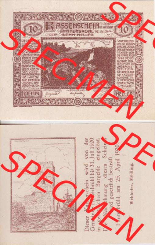 Notgeldscheine Niederösterreich Hinterbrühl 1920, 10 Heller II. Vorderseite und Rückseite des Notgeldscheins auf einen Digitalen Bild zu katalogisieren der eigenen Notgeld-Sammlung... Sammlung