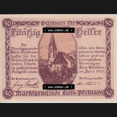 Notgeldscheine Niederösterreich Klein Pöchlarn 1920, 50 Heller. Vorderseite des Notgeldscheins im online Katalog auf EMBMV zum katalogisieren der eigenen Sammlung für private... Sammlung