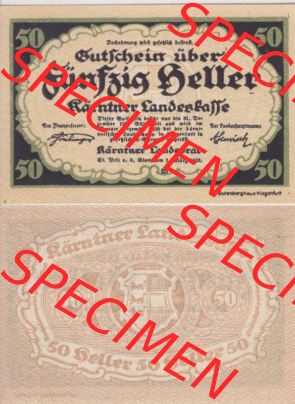 Notgeldscheine Kärnten Kärntner Landeskasse 1920, 50 Heller. Vorderseite und Rückseite des Notgeldscheins auf einen Digitalen Bild zu katalogisieren der eigenen Notgeld-Sammlung... Sammlung