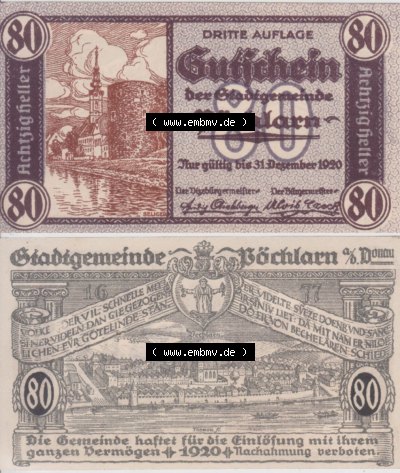 Notgeldscheine Niederösterreich Pöchlarn 1920, 80 Heller. Vorderseite und Rückseite des Notgeldscheins auf einen Digitalen... Sammlung