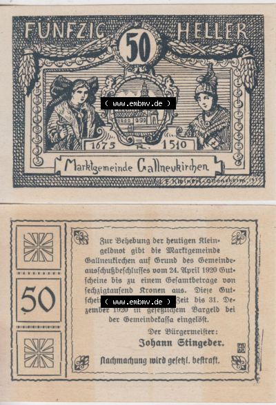 Notgeldscheine Oberösterreich Gallneukirchen 1920, 50 Heller. Vorderseite und Rückseite auf einen Digitalen Bild des oberösterreichischen... Sammlung