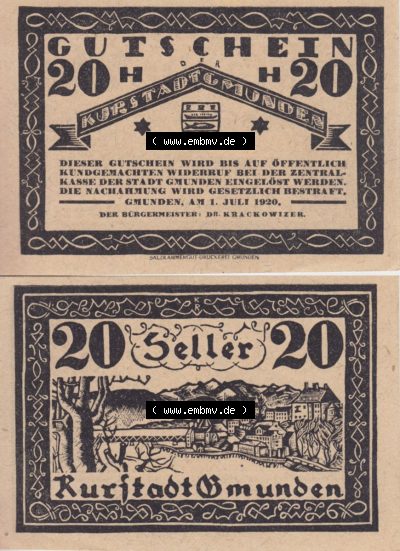 Notgeldscheine Oberösterreich Kurstadt Gmunden 1920, 20 Heller. Vorderseite und Rückseite auf einen Digitalen Bild des oberösterreichischen... Sammlung