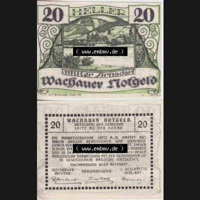Notgeldscheine Niederösterreich Mitterarnsdorf Wachauer Notgeld 1920, 20 Heller Wachauer Notgeld. Vorderseite und Rückseite des Notgeldscheins auf einen Digitalen Bild zu katalogisieren... Sammlung