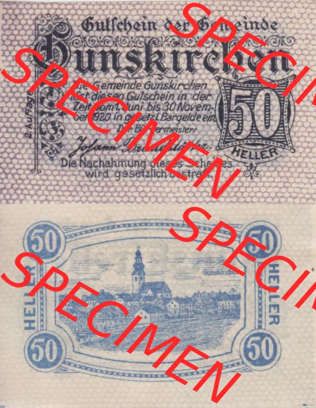Notgeldscheine Oberösterreich Gunskirchen, Gemeinde 1920, 50 Heller. Vorderseite und Rückseite auf einen Digitalen Bild des oberösterreichischen Notgeldscheins im online... Sammlung