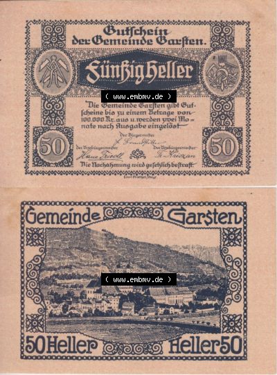 Notgeldscheine Oberösterreich Gemeinde Garsten 192x, 50 Heller. Vorderseite und Rückseite auf einen Digitalen Bild des oberösterreichischen... Sammlung