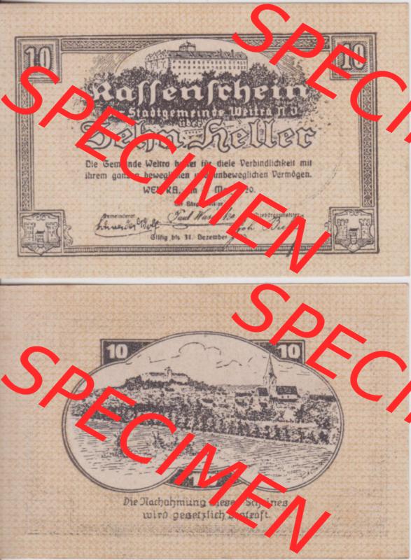 Notgeldscheine Niederösterreich Stadt-Gemeinde Weitra 1920, 10 Heller. Vorderseite und Rückseite des Notgeldscheins auf einen Digitalen Bild zu katalogisieren der eigenen Notgeld-Sammlung... Sammlung