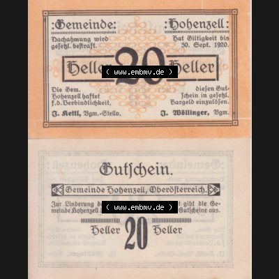 Notgeldscheine Oberösterreich Hohenzell 1920, 20 Heller. Vorderseite und Rückseite auf einen Digitalen Bild des oberösterreichischen Notgeldscheins im online Katalog für... Sammlung