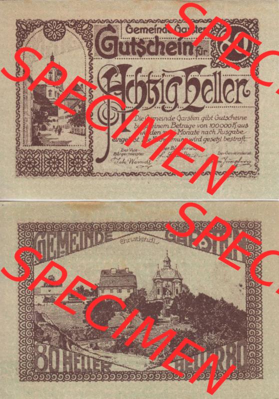 Notgeldscheine Oberösterreich Gemeinde Garsten 80 Heller. Vorderseite und Rückseite auf einen Digitalen Bild des oberösterreichischen Notgeldscheins im online Katalog für private... Sammlung