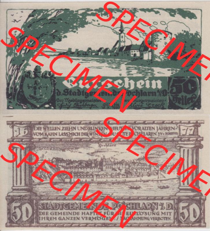 Notgeldscheine Niederösterreich Pöchlarn 1920, 50 Heller I. Vorderseite und Rückseite des Notgeldscheins auf einen Digitalen Bild zu katalogisieren der eigenen Notgeld-Sammlung... Sammlung